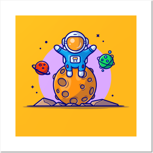 Cute Astronaut Sitting On Planet Space Cartoon Vector Icon Illustration Posters and Art